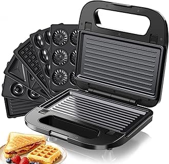6 in 1 Snack Maker Sandwich Toaster – 750W Waffle Maker Interchangeable Non-Stick Plates for Toasties, Panini, Donuts Waffles – Compact Easy-Clean Breakfast Machine with Indicator Lights