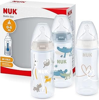 NUK First Choice+ Baby Bottles Set | 0-6 Months | Temperature Control | Anti Colic Vent | 300 ml | BPA-Free | Silicone Teat | 3 Count | Safari