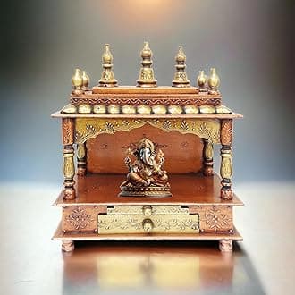 Wood Pooja Mandir Temple for Home Handicraft Hindu Pooja Ghar Mandap for Worship Copper Gold Painted Home Wall Decor Shrine