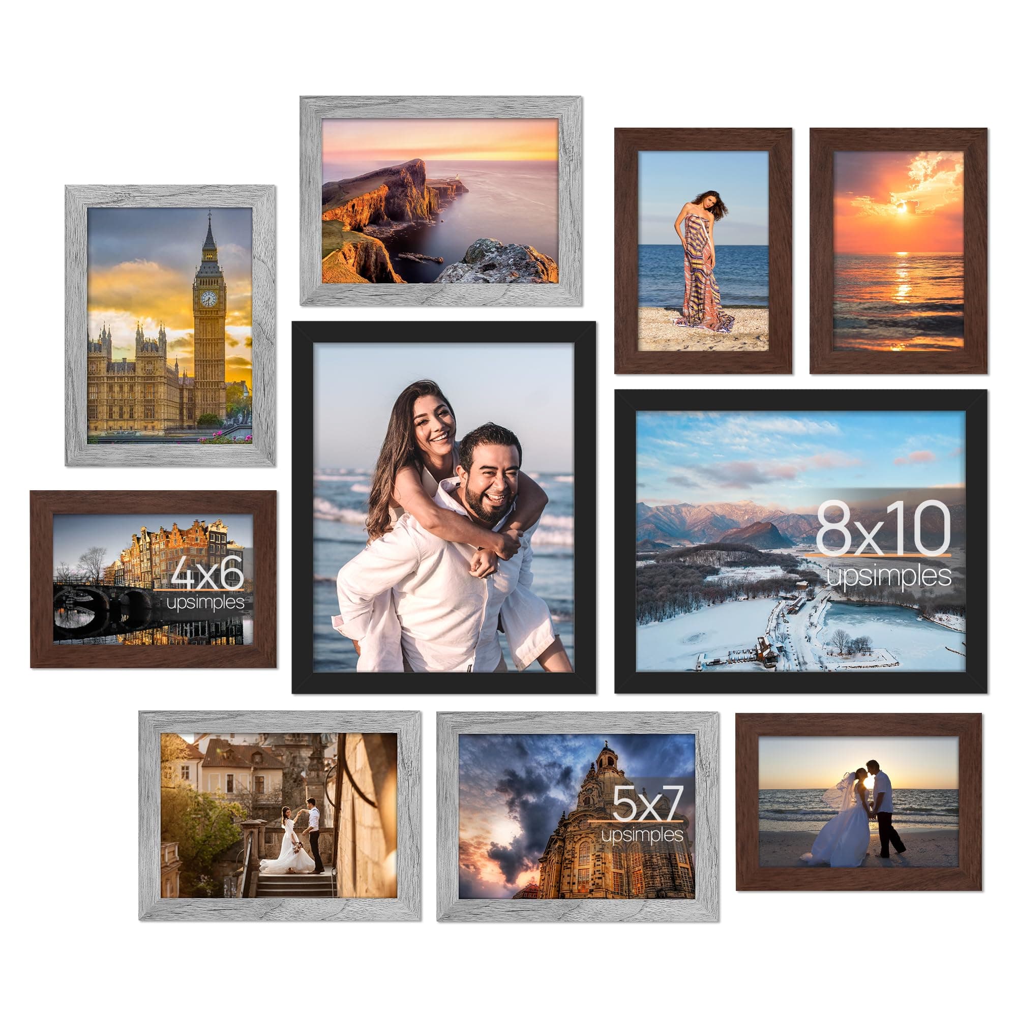 10 Pack Picture Frames Collage Wall Decor for Mounting or Tabletop Display, Photo Gallery Frame Set for Family, Multi Sizes Including 8x10, 5x7, 4x6, Black Gray Brown