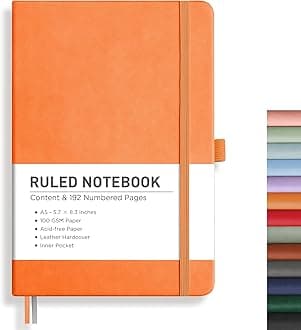 RETTACY Lined Journal Notebook, 192 Numbered Pages, A5 Medium Size (5.7'' x 8.3''), for Men & Women, Journaling, Writing, Work & Office, Leather Hardcover, 100 GSM Thick Paper (Orange)