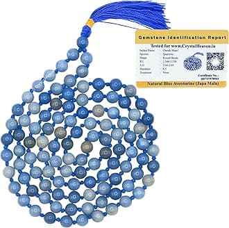 Certified Blue Aventurine Crystal Japa Mala Ganthi - 108 Beads Buddhist Prayer Beads - AAA Grade Original Healing Gemstone Agate Mala for Yoga Meditation Spiritual Reiki Feng Shui