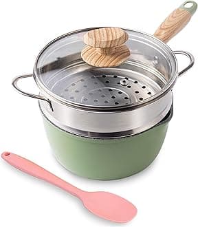 Saucepan with Steamer, ROCKURWOK Nonstick Sauce Pan Small Pot with Lid, Solid Wood Handle, 2.5 Quart, Green