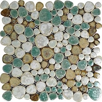 Glazed Ceramic Mosaic Tile, Porcelain Pebble Backsplash Tile, Bathroom Wall and Floor Tiles - Blue/Cream/Coffee (Box of 11 Sheets)