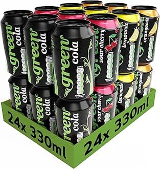 – Green Drinks Variety Pack - Low Calorie Sparkling Soft Drinks - Cola, Lemonade, Orange, Cherry - Sweetened with Stevia, No Added Sugar, Natural Caffeine, No Aspartame - Bulk Pack 24 Cans x 330ml