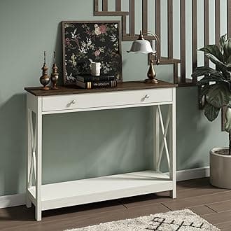 Treocho Farmhouse Console Table with Drawer and Storage Shelves, Foyer Sofa Table Narrow for Entryway, Living Room, Hallway, Antique White & Brown