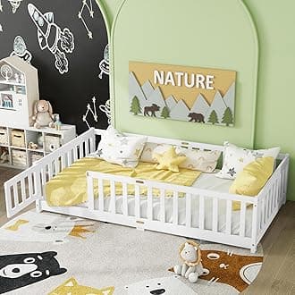 Twin Floor Bed with Safety Guardrails for Kids, Rubber Wood Montessori Bed with Slats and Convertible Door, Twin Size Bed Frame for Girls and Boys,No Box Spring Needed,White