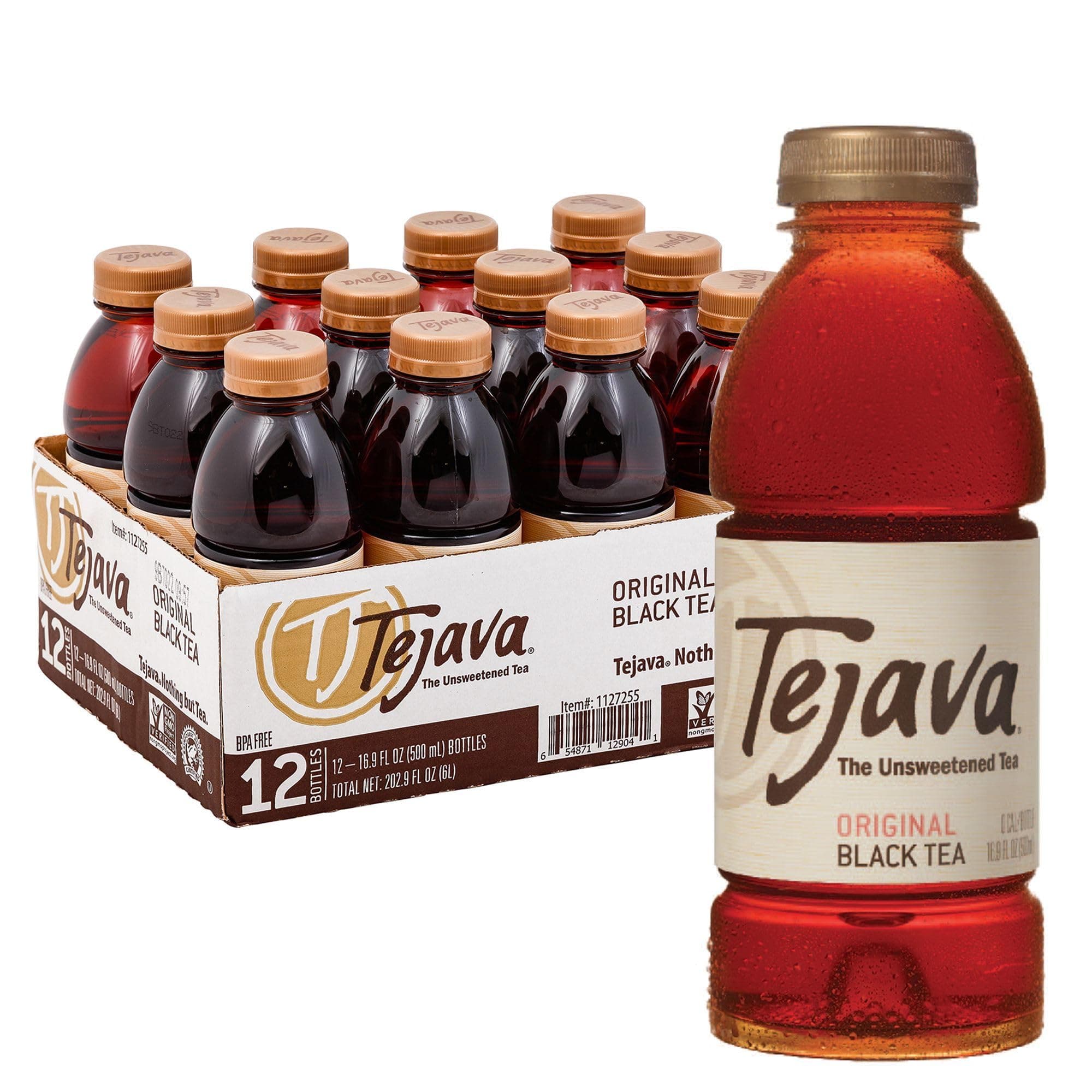 Tejava Original Unsweetened Black Iced Tea, 12 Pack, 16.9oz PET Bottles, Non-GMO, Kosher, No Sugar or Sweeteners, No calories, No Preservatives, Brewed in Small Batches