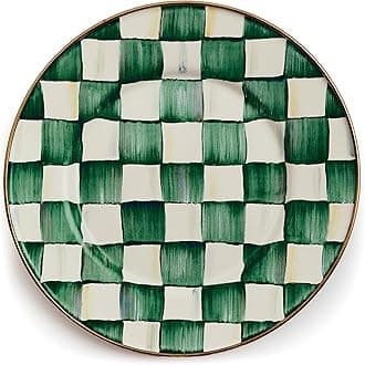 MACKENZIE-CHILDS Enamel Salad and Dessert Plate, Small Plate for a Dessert or Appetizer Dish, 8 Inches, Green-and-White Emerald Check