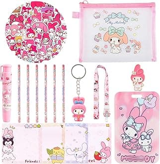 Kawaii School Supplies, Cute Stationary Set, Including Stickers, Pencils, Pen-Style Eraser, Sticky Note, Lanyard with ID Badge,Brooch,Back to School Gift for Girls Boys Kids