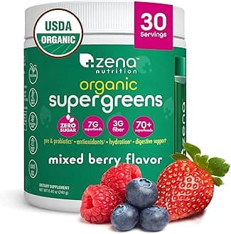 Zena Nutrition Organic Super Greens Powder, 70+ Superfoods, 0 Sugar, 3G Fiber, Spirulina, Chlorella, Antioxidants, Prebiotics/Probiotics, Digestive Enzymes, Mixed Berry, 30 Servings
