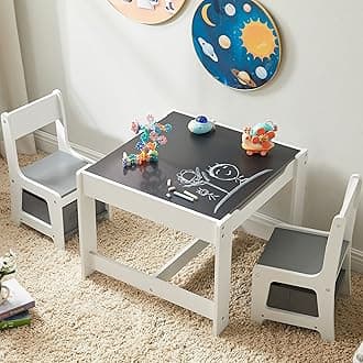 Kids Table and Chair Set, 3 in 1 Wooden Activity Table with Storage Drawer for Toddlers Drawing, Reading, Crafts, 2 in 1 Detachable Tabletop Table Set for Nursery, Playroom (Gray)