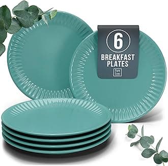 Breakfast and Dessert Plate Set - Stoneware, Stylish Cake Plates, Dishwasher, Microwave, and Scratch Resistant - Small Plates, Salad Plates for 6 - Grooved Small Plates in Petrol