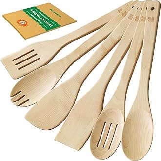 Riveira Maple Wooden Spoons for Cooking Set of 6 – Natural Maple Wooden Cooking Utensils, Wooden Spatula, Wooden Spoon - Premium Quality Wooden Utensil Set for Non-Toxic Cooking