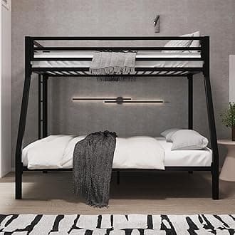 Metal Bunk Bed Twin Over Full Size for Junior & Adults with Ladder and Heavy Duty Guardrail, Small Space Saving Design for Bedroom Kid Room and Dorm, Black