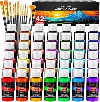 Caliart Acrylic Paint Set with 12 Brushes, 42 Colors (59ml, 2oz) Art Craft Paints Gifts for Adults Artists Beginners Painters, Halloween Pumpkin Canvas Ceramic Rock Painting Kit Art Supplies