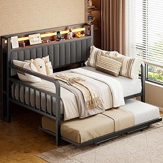 Daybed with Trundle and LED Light, Heavy Duty Metal Full Bed Frame with Upholstered Storage Headboard & Charging Station, Day Bed Pop Up Trundle Bed for Living Room,Bedroom and Guest Room, Brown