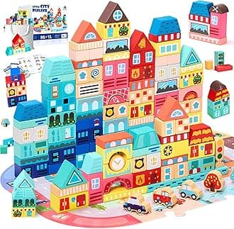 VigorFun 100 PCS Wooden Building Blocks Set - City Builder Stacking Toy with Storage Bag, Montessori Preschool Toys for Kids Toddlers Birthday Gifts Ages 3+
