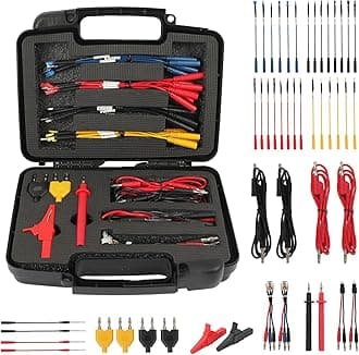 AUTOOL 48PCS Silicone Multimeter Test Leads Kit with Replaceable Wire Piercing Probes,Alligator Clips,32A/1000V Test Hook Clips,Banana Plug Connectors,Jumpers,Test Tweezer