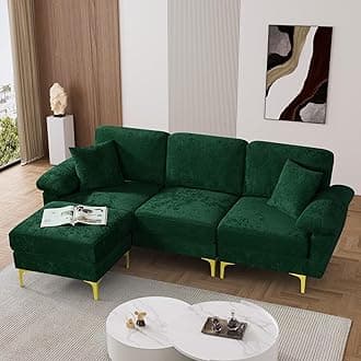 OUYESSIR L Shaped Sectional Sofa Couch, 3 Seat Velvet Sofa with Ottoman and Pillows, Upholstered Comfy Couch Sleeper for Living Room, Bedroom, 91 inches (Green)