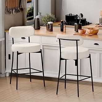 DYHOME Bar Stools Set of 2, White 28 Inches Boucle Counter Height Bar, Modern Bar stools Chairs Upholstered Barstools with Back & Footrest Metal Legs, Stools for Kitchen Island, Counter, Cafes