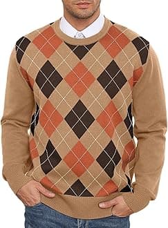 RQPMen's Crewneck Sweater Slim Fit Argyle Pattern Long Sleeve Knit Pullover Sweater for Casual Or Dressy Wear