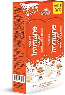 Immune Support Effervescent Tabs, 2 X 20 Tablets | With Vitamin C, Zinc & Selenium | Sugar Free | Orange Flavor