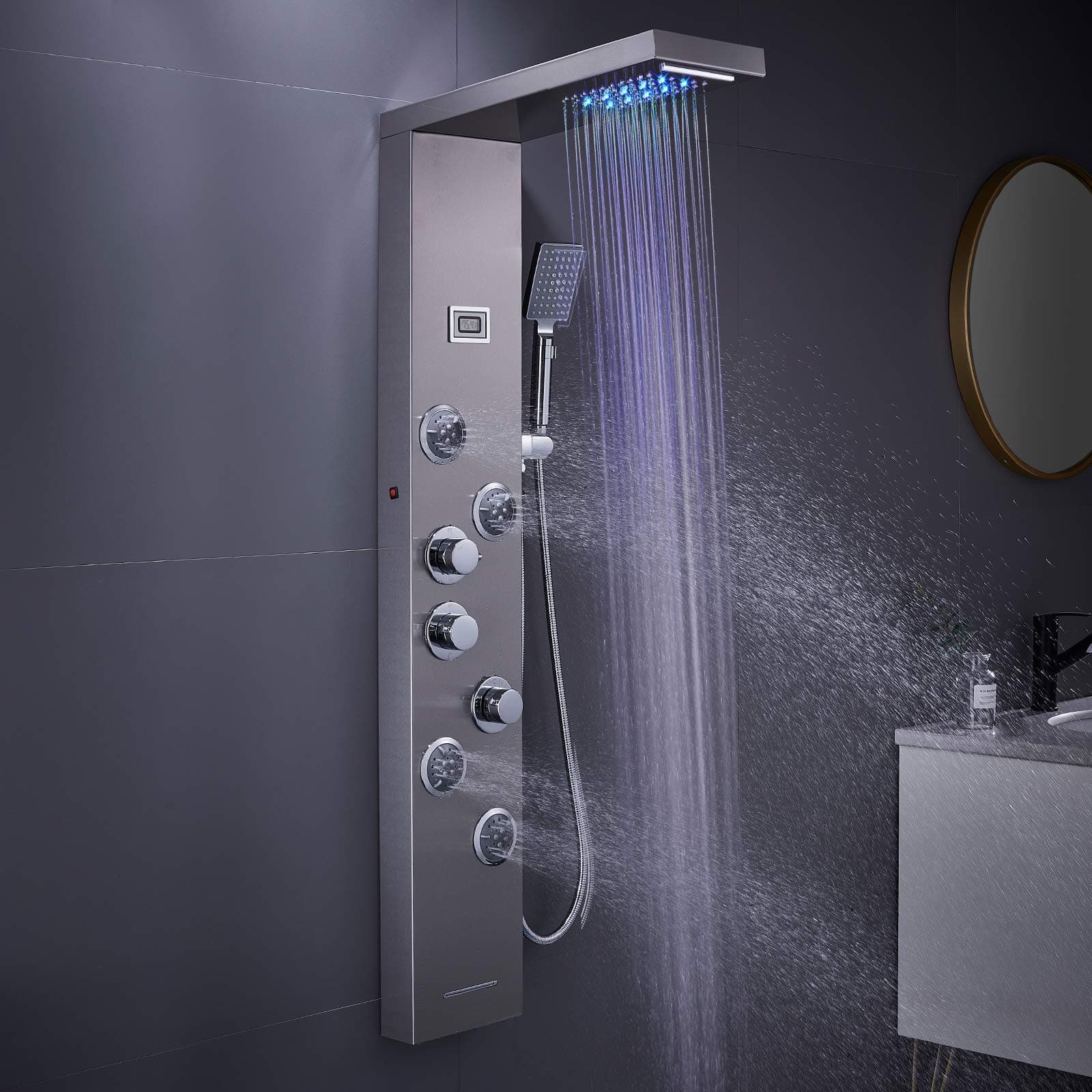 Muti-Function Shower Panel Tower System, 5 in 1 Stainless Steel LED Shower Column, Rainfall & Waterfall Head, Massage Jets, Tub Spout, Handheld Shower(Brushed)