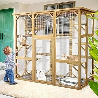 Large Outdoor Cat House Catio Kitty Enclosure with Large Enter Door, Wooden Cat Cage Condo Indoor Playpen with 6 Platforms & Small House (Nature Wood)