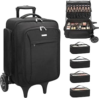 Relavel Rolling Makeup Case with 4 Small Makeup Bags, Large Make Up Travel Organizer with 2 big Wheels, Professional Lockable Makeup Artist Backpack with Adjustable Dividers for Daily Use - Black