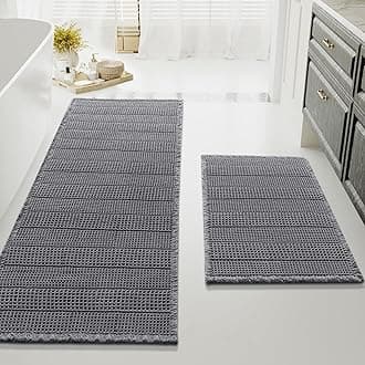 Waffle Bath Mat Super Absorbent Bathroom Mats Non Slip Bath Rugs for Bathroom Floor Machine Washable Ultra Soft Bathroom Rugs for Beside Tub, (32 x 20 Plus 24 x 60 - Inches, Grey)