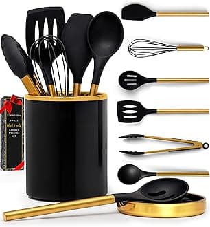 STYLED SETTINGS Black and Gold Kitchen Utensils Set – 8 Piece Silicone Cooking Utensils with Gold Handles, Black Ceramic Utensil Holder & Spoon Rest – Heat Resistant, Nonstick Safe, Sleek Storage