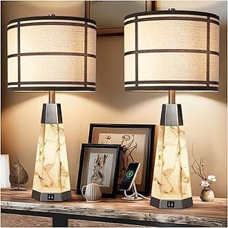 27" Natural Alabaster Table Lamps for Living Room, Bedroom Lamps Set of 2 with Night Light, Living Room Lamps with USB A+C Ports, Table Lamp with Linen Shade for Bedside (Bulbs Included)