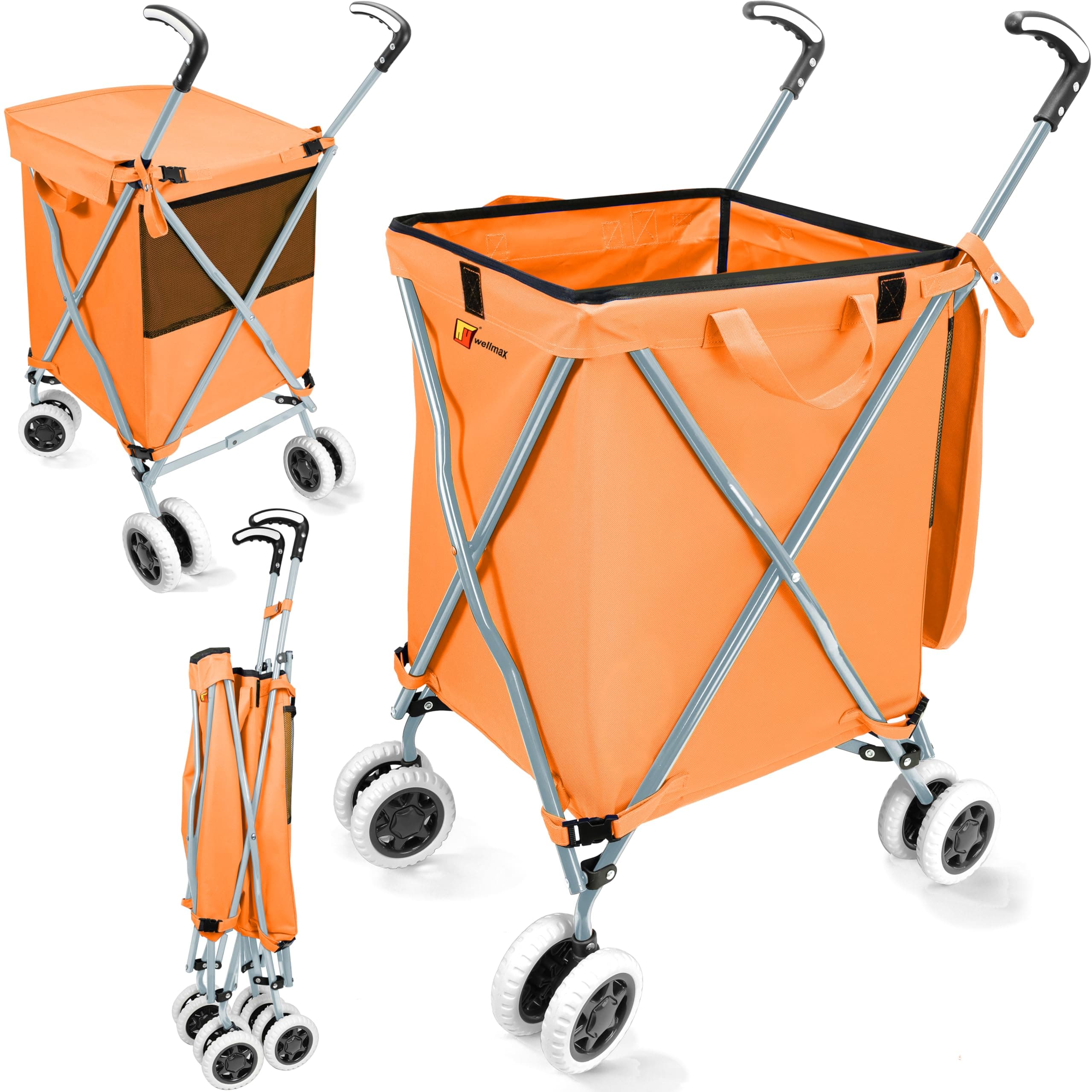 Wellmax WM99100 Series Folding Shopping Cart with Wheels, Grocery Cart with Removable Canvas with Cover, Lightweight Utility Cart for Groceries and Laundry - Holds up to 120 lbs (Orange)