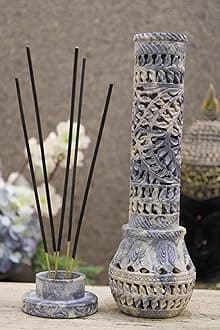 KC KULLICRAFT Hand Carved Soapstone Marble Incense Holder With 6 Lavender Fragrance Incense Sticks