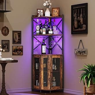 JKsmart Corner Bar Cabinet with LED Light 5 Tier Industrial Wine Bar Cabinet with Glass Holder Farmhouse Liquor Cabinet with Adjustable Shelf Home Bar for Coffee Bar Cabinet, Rustic Brown