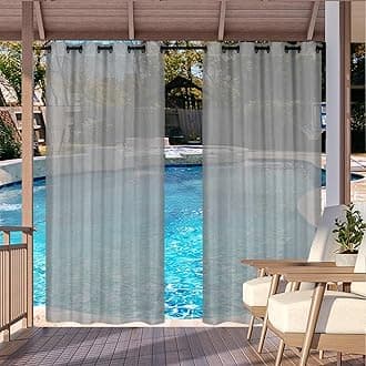 Outdoor Curtain for Patio, Grey Linen Look Semi-Sheer Curtains Waterproof Light Filtering Voile Outside Grommet Drapes for Pergola Balcony Pool Indoor 1 Panel, W100 x L96