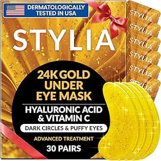 Stylia Under Eye Patches for Dark Circles and Puffy Eyes (30 Pairs), 24k Gold Eye Mask for Dark Circles and Puffiness, Vitamin C, Hyaluronic Acid, Pearl Extract, Collagen Eye Gel Pads for Puffiness