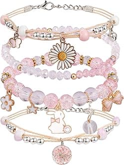 4PCS Beaded Charm Bracelets for Teen Girls Dainty cute cartoon Crystal Beads Pearl Bracelets anklets set for woman and girls Adjustable Stretch bracelet birthday Gift For Friends