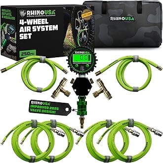 Rhino USA 4 Tire Inflation/Deflation System - Fits up to 155" Wheelbase - Ultra Fast 4 Way Tire Inflator Hose Kit for Truck, Car, Trailers & Motorcycles - Improved Design With On/Off Slide Valve