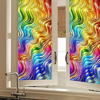 BlissYard Colorful Wavy Stained Glass Window Film Window Privacy Film Stained Decals Static Cling Sun Blocking Decor for Home Office Windows Doors Glass Partitions 17.7x39.3 inch