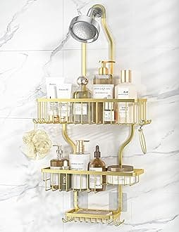 Never Rust Shower Caddy Hanging Organizer - Aluminum Over-the-Showerhead Rack With 10 Hooks for Razor/Sponge and Soap Basket - Gold