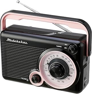 StudebakerSB2002PB Portable AM/FM Radio with Headphone Jack and Aux-in Jack with AC/DC Power (Pink/Black)