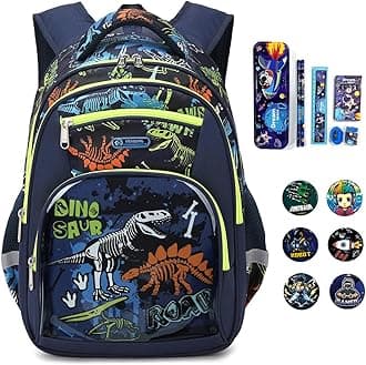 Kids Dinosaur Backpack for Boys,Clear Pocket Premium Badge-Decorated Stationery Collection Elementary Kindergarten Preschool School Bookbag 15.5”Multifunctional Cute Large Capacity