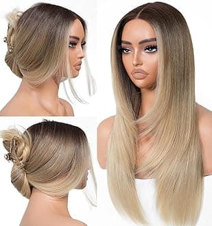 BrownBomb Ombre Blonde Wear and Go Glueless Wigs Pre Plucked Pre Cut for Beginners Synthetic Lace Front Wigs With Bangs Blonde Long Layered Straight Wigs 26 Inch 3 Seconds to Wear for Beginners