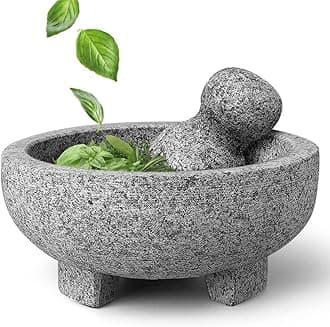 Flexzion Granite Mortar and Pestle Set - Solid Granite Stone Grinder Bowl Holder 6 Inch Molcajete for Guacamole, Herbs, Spices, Garlic, Kitchen, Cooking, Medicine