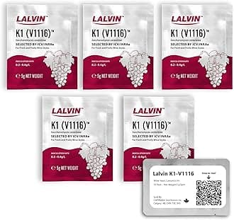 Lalvin K1-V1116 Wine Yeast (5 Pack) - Make Wine Cider Mead Kombucha At Home - 5 g Sachets - Saccharomyces cerevisiae - Sold by CAPYBARA Distributors Inc.