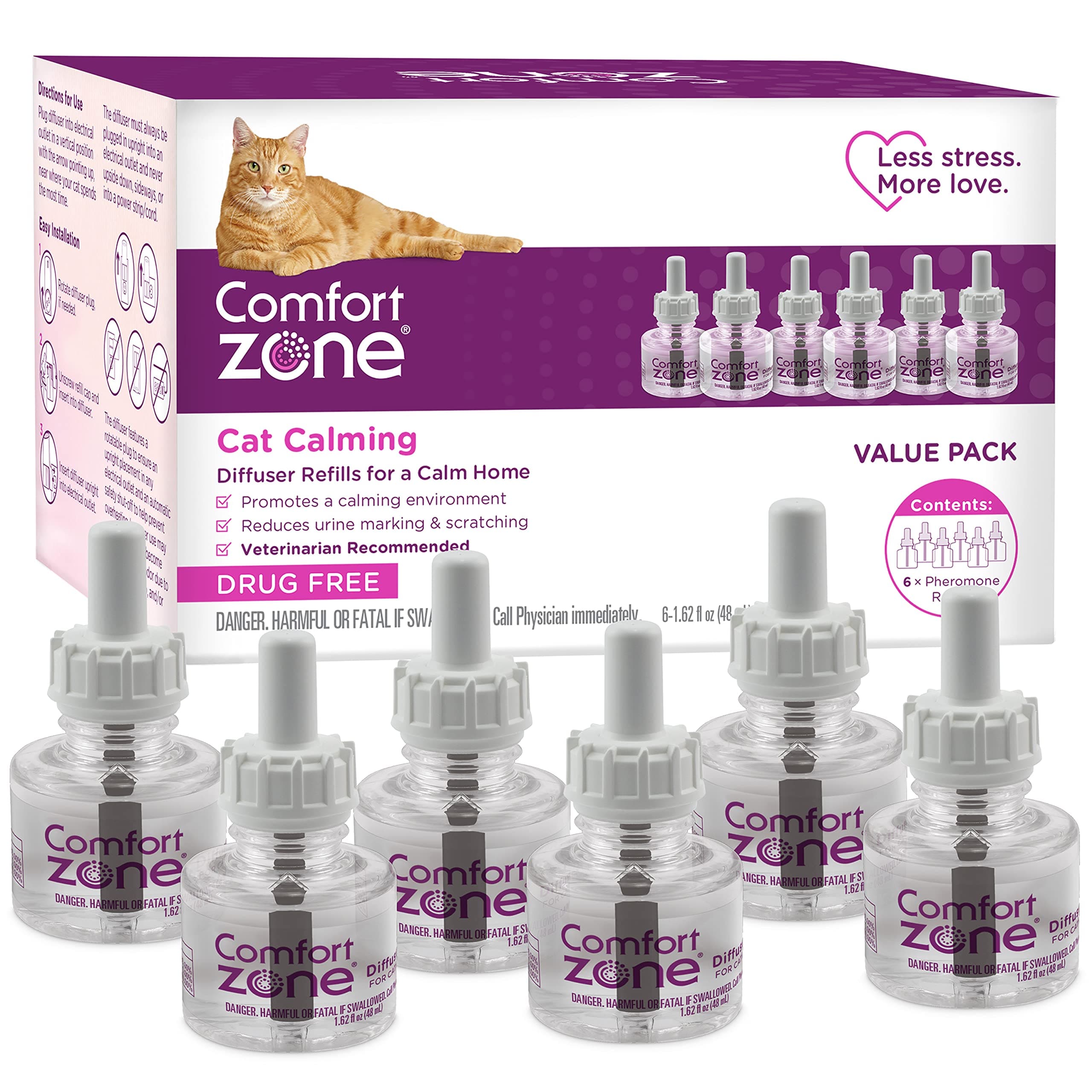 6 Refills | Comfort Zone Cat Calming Diffuser Refill (Value Pack) for a Calm Home | Veterinarian Recommend | De-Stress Your Cat and Reduce Spraying, Scratching, & Other Problematic Behaviors