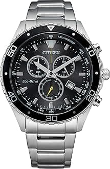 Citizen Men's Eco-Drive Weekender Chronograph Watch in Silver-tone Stainless Steel, Black Dial (Model: AT2387-52E), Silver-Tone, Chronograph