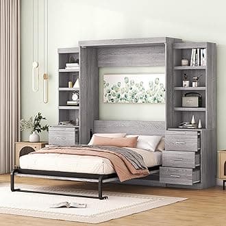 Full Size Murphy Bed with Storage Shelves and Drawers,Easy Fold Wood Wall Bedframe,Space-Saving,for Bedroom Apartment Small Space,Gray